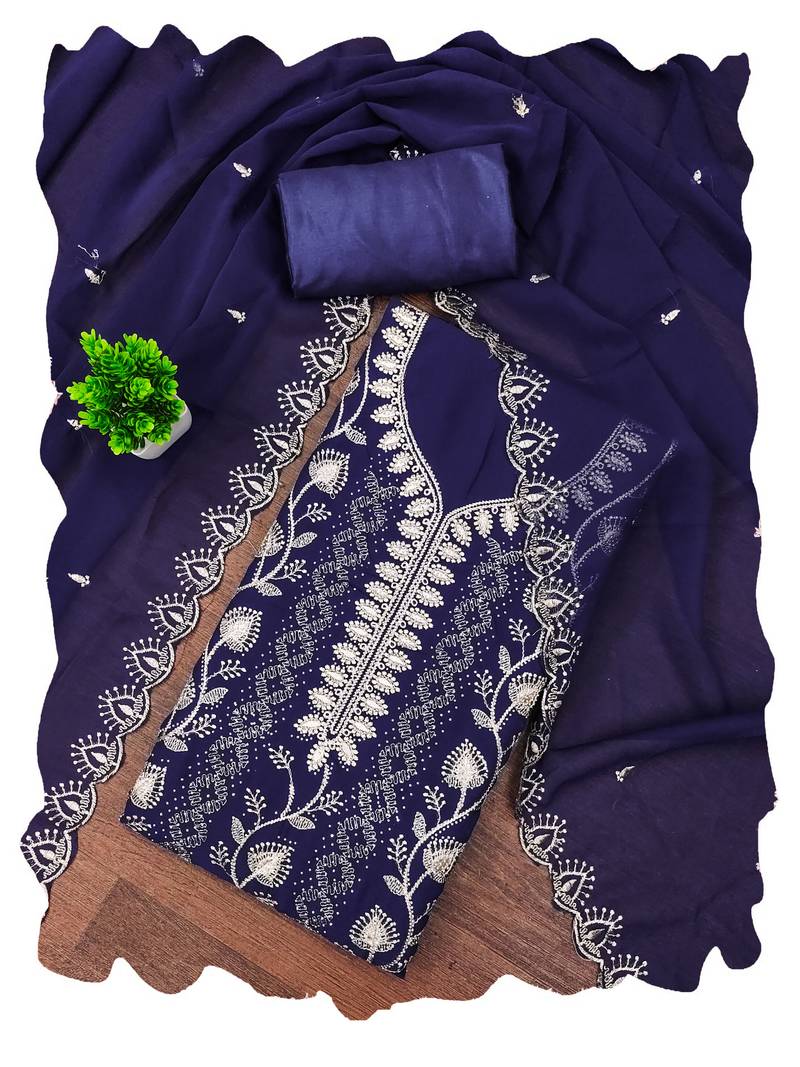 Blue embroidered georgette semi stitched churidar dress-materials