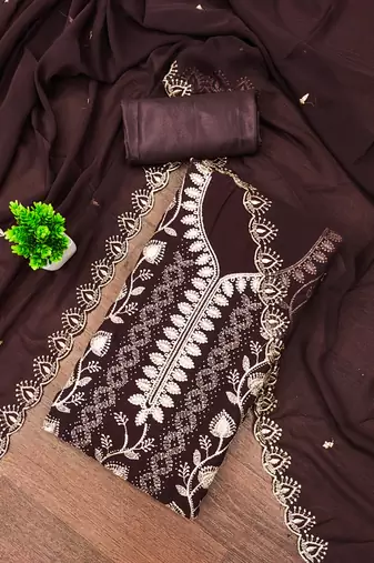 Brown embroidered georgette semi stitched churidar dress-materials