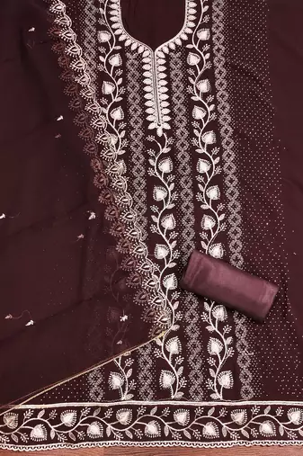 Brown embroidered georgette churidar dress-materials