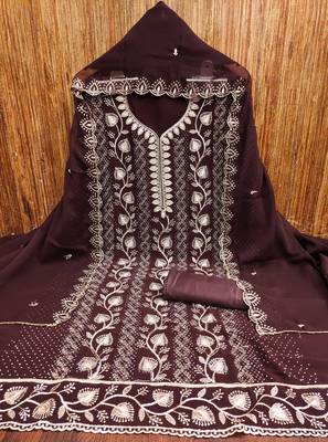 Brown embroidered georgette churidar dress-materials 3