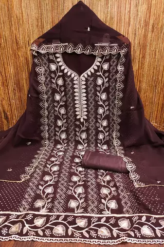 Brown embroidered georgette churidar dress-materials