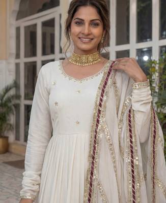 Gorgeous Off-White Embroidered Silk Wedding Wear Gown With Dupatta 7