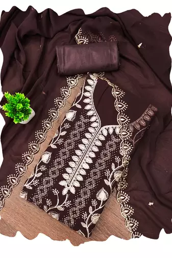 Brown embroidered georgette churidar dress-materials