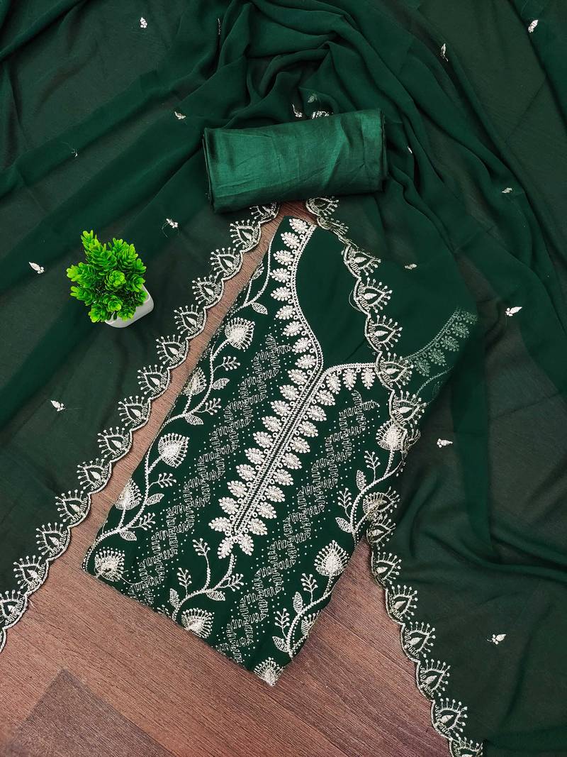 Green embroidered georgette semi stitched churidar dress-materials