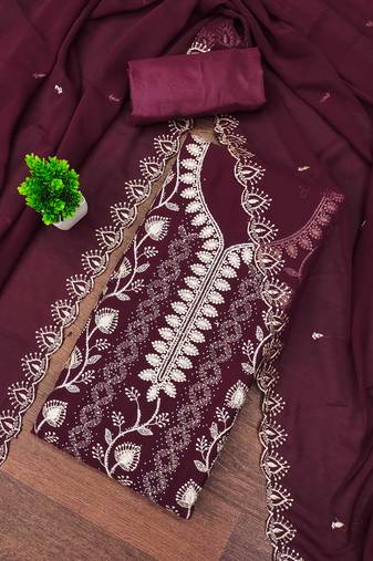 Magenta embroidered georgette semi stitched churidar dress-materials