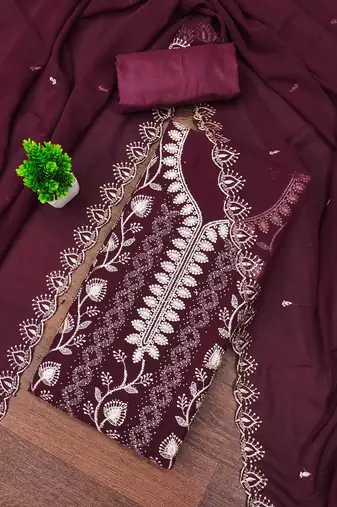 Magenta embroidered georgette semi stitched churidar dress-materials