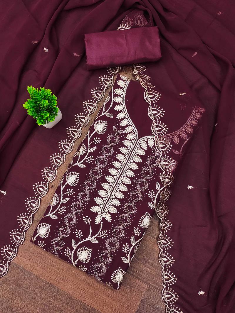 Magenta embroidered georgette semi stitched churidar dress-materials