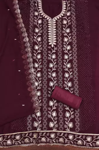 Magenta embroidered georgette churidar dress-materials