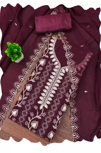 Magenta embroidered georgette churidar dress-materials