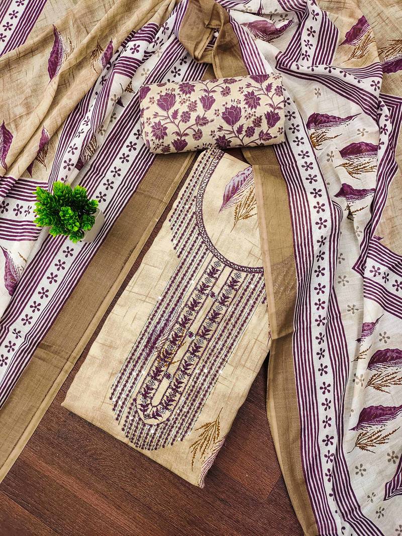 Beige sequins cotton semi stitched churidar dress-materials