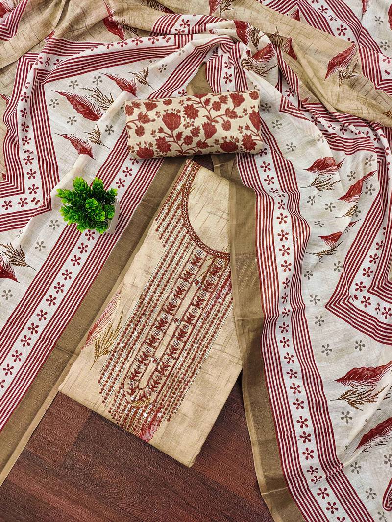 Beige sequins cotton semi stitched churidar dress-materials