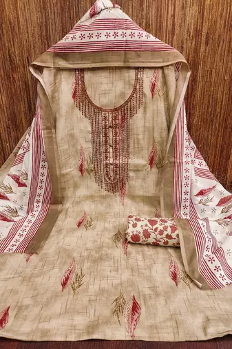 Beige sequins cotton churidar dress-materials
