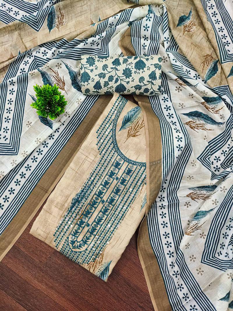 Beige sequins cotton semi stitched churidar dress-materials