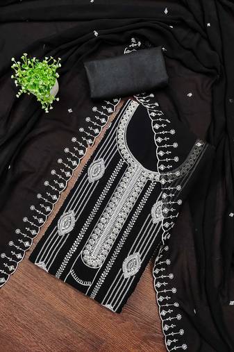 Black embroidered georgette semi stitched churidar dress-materials