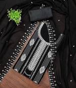 Black embroidered georgette semi stitched churidar dress-materials