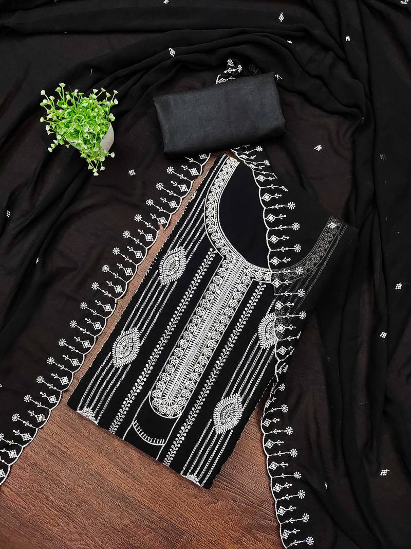 Black embroidered georgette semi stitched churidar dress-materials