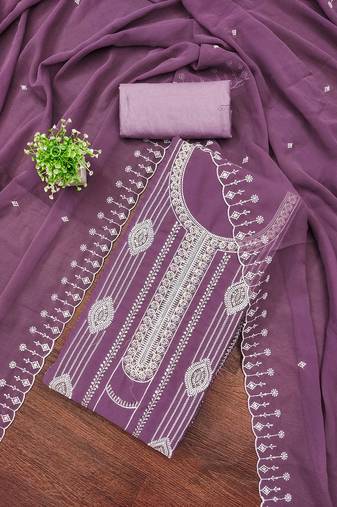 Lavender embroidered georgette semi stitched churidar dress-materials