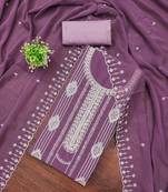 Lavender embroidered georgette semi stitched churidar dress-materials