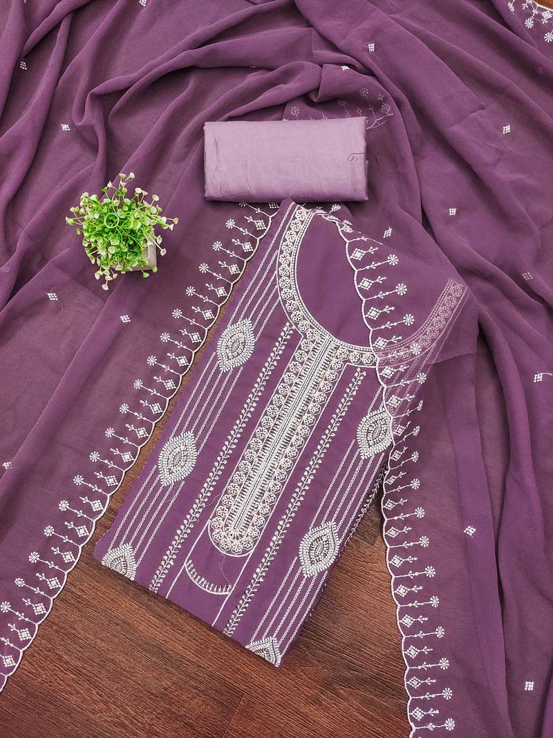 Lavender embroidered georgette semi stitched churidar dress-materials