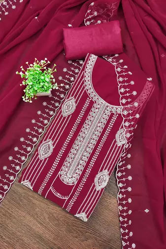 Magenta embroidered georgette semi stitched churidar dress-materials