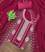 Magenta embroidered georgette semi stitched churidar dress-materials