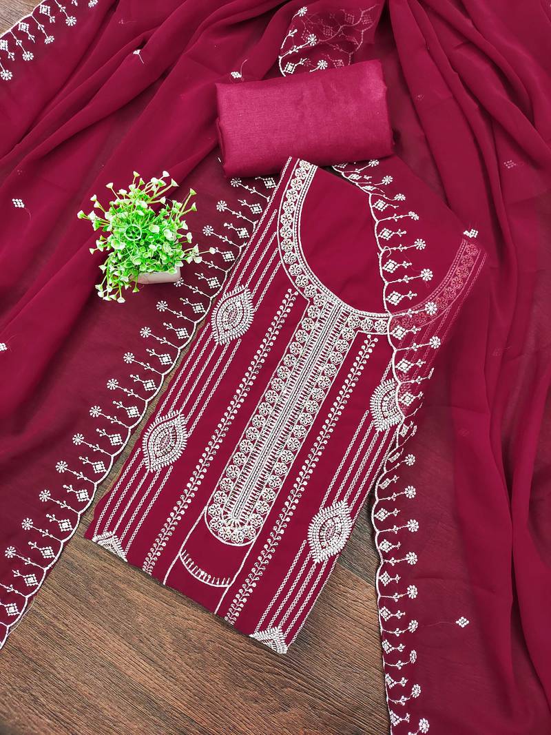 Magenta embroidered georgette semi stitched churidar dress-materials