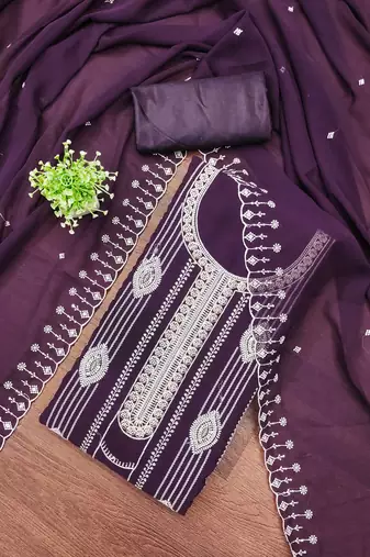 Purple embroidered georgette semi stitched churidar dress-materials