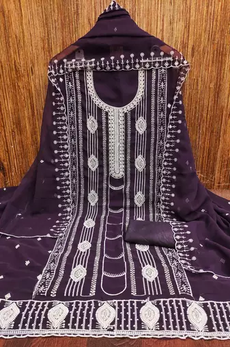 Purple embroidered georgette churidar dress-materials