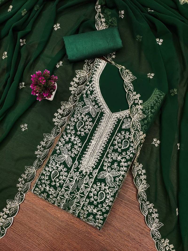Green embroidered georgette semi stitched churidar dress-materials