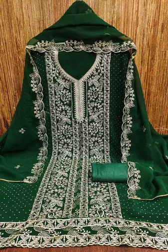 Green embroidered georgette churidar dress-materials
