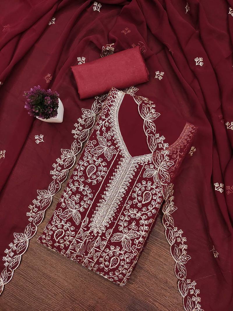 Maroon embroidered georgette semi stitched churidar dress-materials