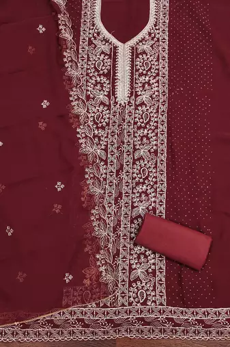 Maroon embroidered georgette churidar dress-materials