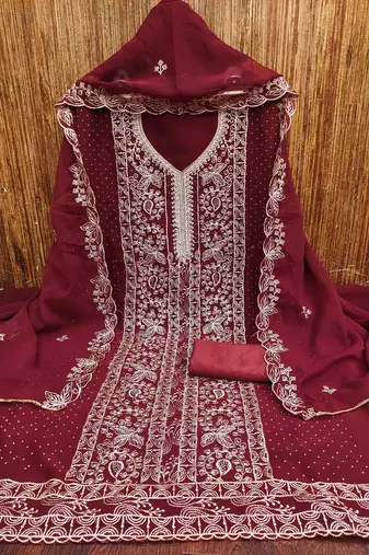 Maroon embroidered georgette churidar dress-materials