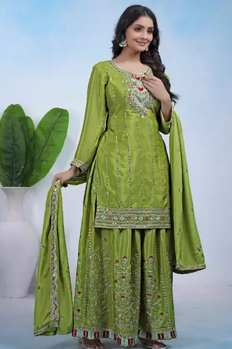 Green chinon silk party wear embroidery work suit set