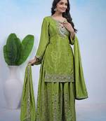 Green chinon silk party wear embroidery work suit set