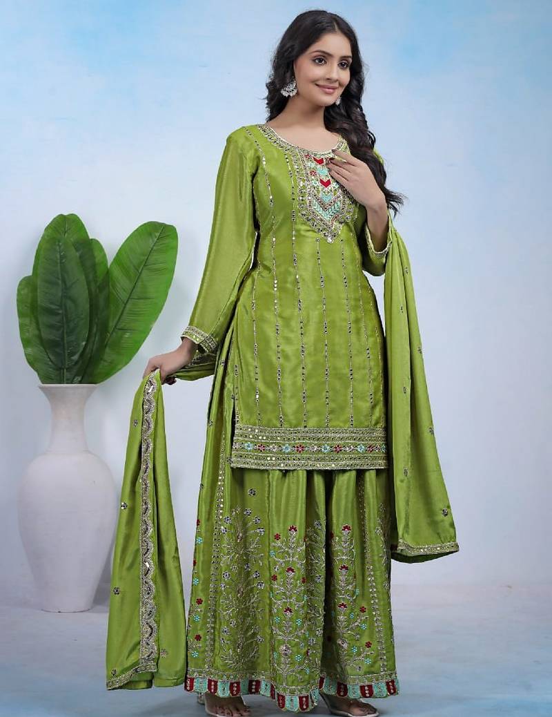 Green chinon silk party wear embroidery work suit set