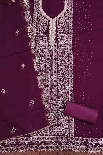 Purple embroidered georgette churidar dress-materials