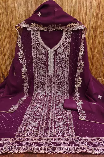 Purple embroidered georgette churidar dress-materials