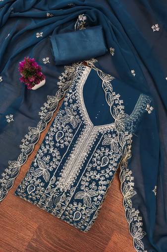 Teal-blue embroidered georgette semi stitched churidar dress-materials