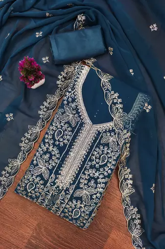 Teal-blue embroidered georgette semi stitched churidar dress-materials