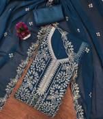 Teal-blue embroidered georgette semi stitched churidar dress-materials