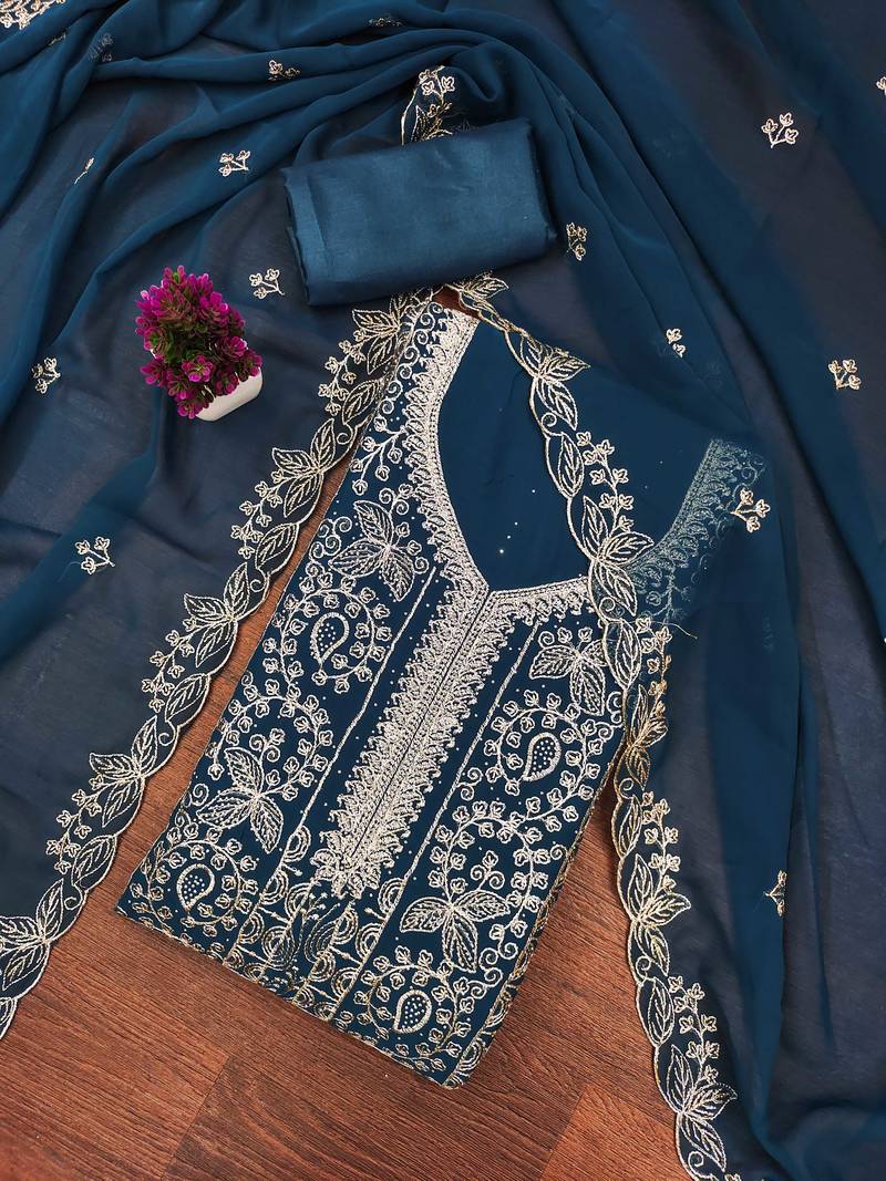 Teal-blue embroidered georgette semi stitched churidar dress-materials
