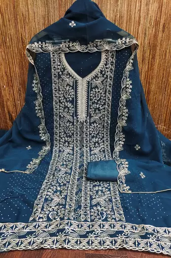 Teal-blue embroidered georgette churidar dress-materials