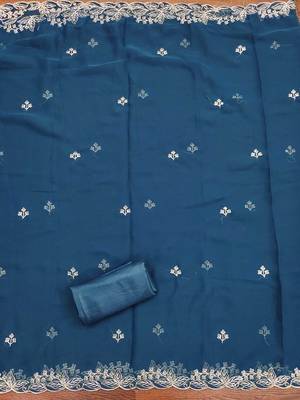 Teal-blue embroidered georgette churidar dress-materials 4