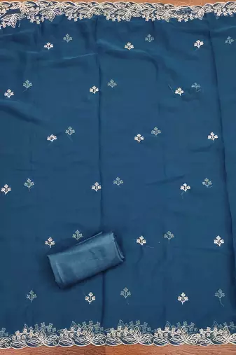 Teal-blue embroidered georgette churidar dress-materials