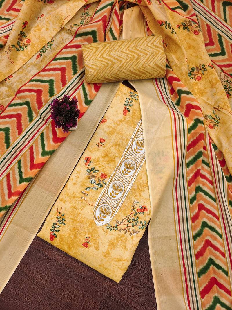 Beige embroidered cotton semi stitched churidar dress-materials