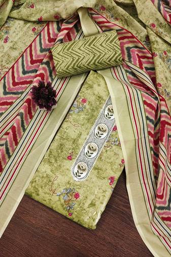 Green embroidered cotton semi stitched churidar dress-materials