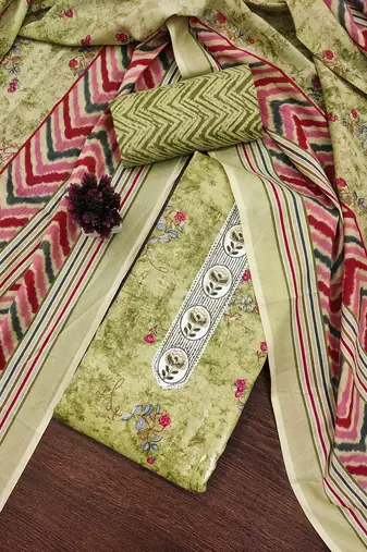 Green embroidered cotton semi stitched churidar dress-materials