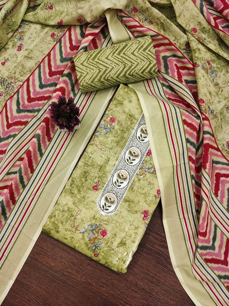 Green embroidered cotton semi stitched churidar dress-materials