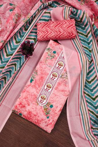 Pink embroidered cotton semi stitched churidar dress-materials